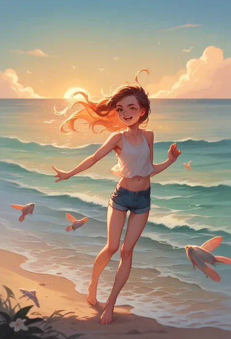 a young girl at the beach, At the seaside, doing a backflip throwing sand which follows it 180°, the thrown sand flies and forms a half rounded shape like a sunset, detailed and realistic photo