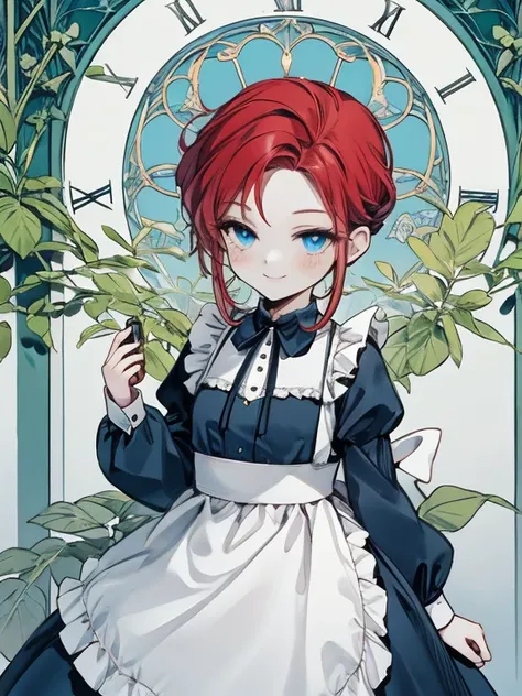 masterpiece, Highest quality, Very detailed, 16K, Ultra-high resolution, Cowboy Shot, Alice in Wonderland, (art nouveau:1.4), 10-year-old girl, Detailed face, freckles, (smile:1.5), blue eyes, Red hair, Braiding, Long Hair, ponytail, Ribbon on head, Blue c...