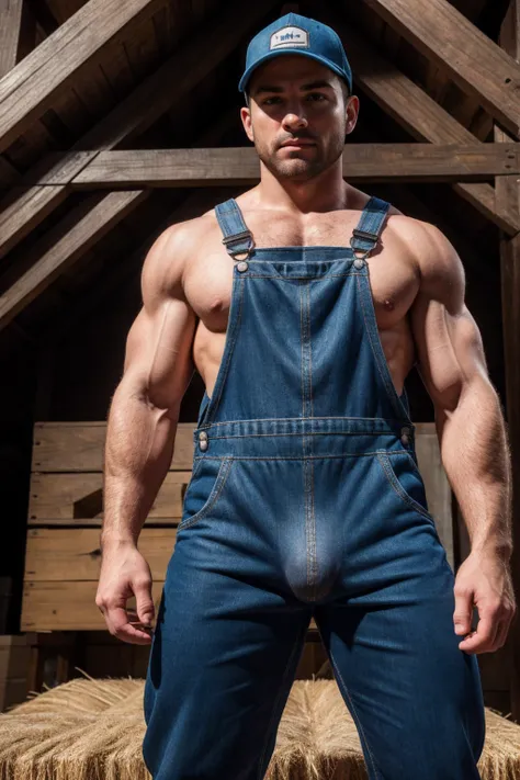 (one male), (looking at viewer).,Very detailed manly face, heroic, detailed realistic open silver eyes, (muscular:1.5), (big muscles), narrow waist and hips, ombre hair, (looking pleasured).Wearing mechanicoveralls, naked overalls, backwards hat,Standing i...