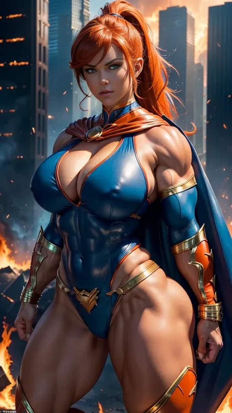 (Busty muscular brute cute Lorah, huge strong biceps volume, huge firm breasts volume, enormous tits volume, strong tonned exposed abs, muscular strong legs, bodybuilder muscles bursting in strength, exposed abs skin, city destruction fire background, tigh...