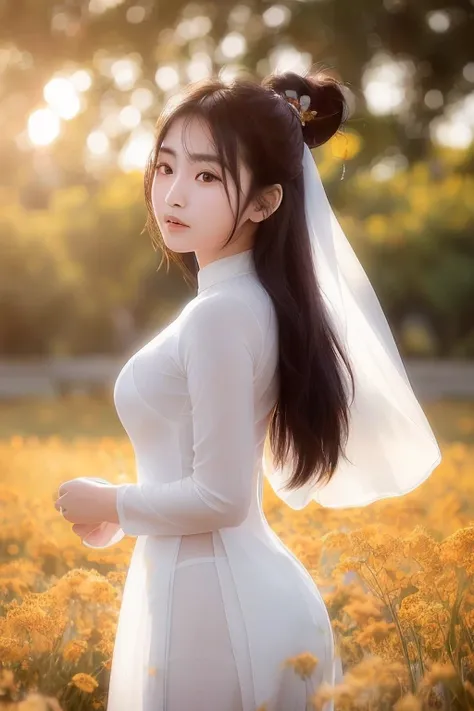 (a beautiful asian girl in white aodai:1.2) , masterpiece, best quality, realistic:1.3,in a field of flowers, sunlight, backlighting
(lacy panty:1), (lacy bra:1), (from side)
(twin tail| hair bun| bun hair|updo hair), hair accessory