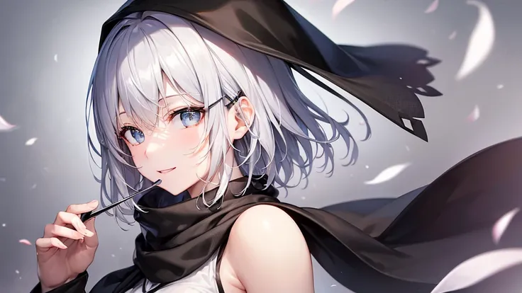 Her eyes were shining、Mysterious and enchanting atmosphere。With AI Painting、とてもShort Hair, Long bangs between the eyes, Very detailed,(masterpiece、Highest quality)、alone、Gray Hair、Fantasy, Silver Hair, Fantasyな風景、White shirt、smile、Open your mouth、Scarf、sho...