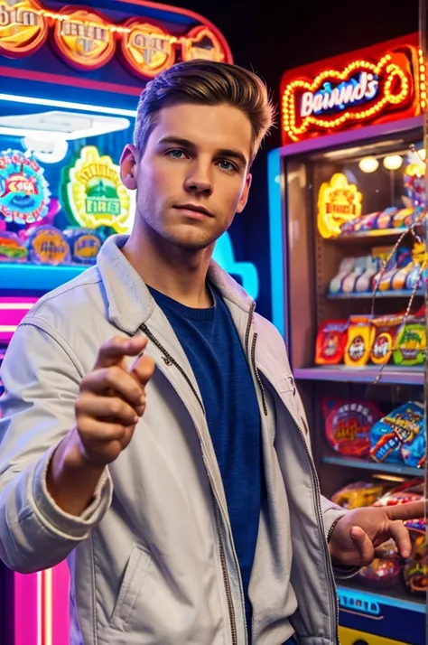 A young white man in a casual jacket, Looking down at his palm with a thoughtful expression,Open palm，A light spot is suspended in the palm of your hand，There is a claw machine in the background