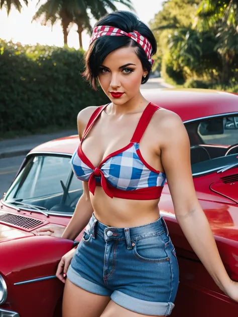 35mm photo A pin-up Car repair master young brutal emotion woman with short dark hair in pinup style, wearing a red checkered crop top and blue jeans shorts and holding a wrench red pinup bandana on a head She leaned on the car on a street soft light day