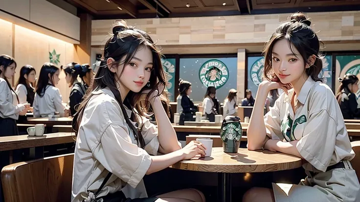 8K、RAW Photos、Highest quality、Super detailed、Super Resolution、Ultra HD、8K壁紙、Amazing details
(((Inside the Starbucks store)))、Woman sitting at a table by the window、16-year-old girl、((((Girls&#39; High School Uniforms))))、(((Eat cake、Drink coffee、smile)))、E...