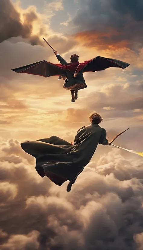 Movie, movie footage, first-person view, view from above, movie shooting, fantasy wizarding world, several wizards in the uniform of the wizarding academy robe in front of each other on flying broomsticks fiercely chasing each other between the clouds in t...