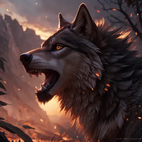 a tired wolf yawning, detailed fur textures, beautiful golden eyes, sharp teeth, wilderness background, cinematic lighting, muted colors, dramatic atmosphere, photorealistic, 8k, highly detailed