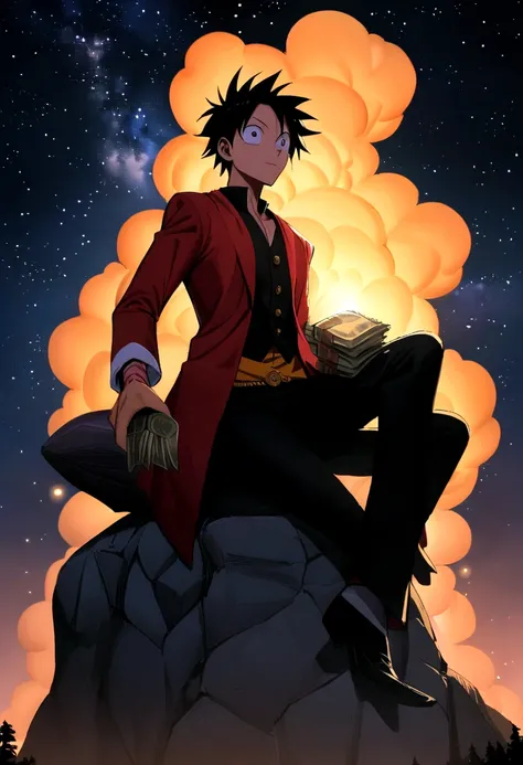 Monkey D Luffy Wano, on top of a large stone, holding money, olhando para o horizonte, roupas laranjas, night sky and starry, bright stars in the sky,