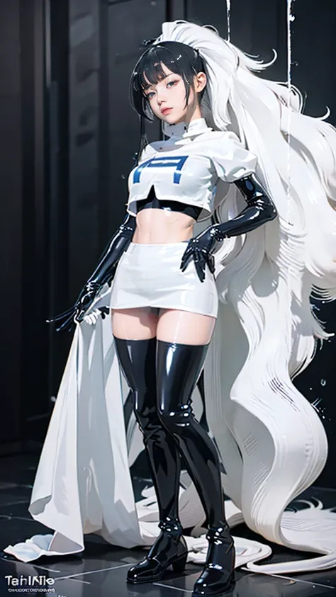 (masterpiece,best quality,In 8K,very detailed,high resolution,realistic,totally:1.2), , high detail, good lighting, , ((The background is a white space)), lewd, hentai, (((Black latex miniskirt))), (((Black latex thigh-high boots))), black latex top, bare ...