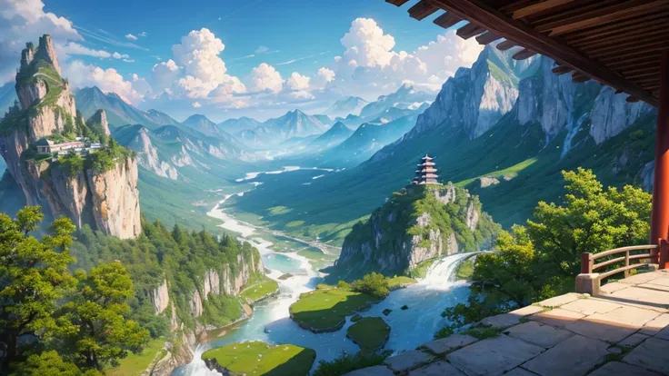 The painting depicts a traditional East Asian landscape with soaring rocky mountains studded with trees, The waterfall falls into the river flowing over the curved bridge, and many fall-colored trees at the foot of the mountain. In the sky there were two w...