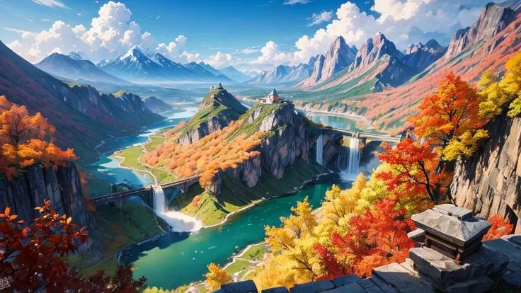 The painting depicts a traditional East Asian landscape with soaring rocky mountains studded with trees, The waterfall falls into the river flowing over the curved bridge, and many fall-colored trees at the foot of the mountain. In the sky there were two w...