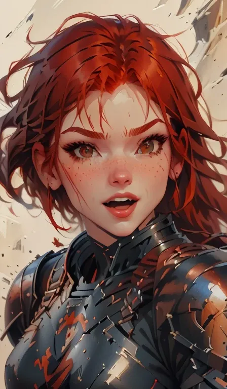 a closeup of a redhead woman laughing, with armor, Ross draws a portrait, Ross draws 1. 0, awesome character art, Wojtek FUS, Lois van Baarle y Rossdraws, :: rossdraws, RossDrawS 2. 0, alena aenami and artgerm, close-up character portrait, alexandra fomina...