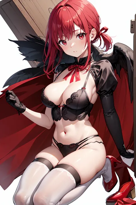 Red Hair、ponytail、Blue ribbon、Takahiro Kimura、Pink waitress、Anna Millers、Amira、Red Heels、White background, Cute face, compensate, (Small box:1.2), (Red eyes:1.5), break Gothic underwear, Perfect body (Large Breasts:1.3), break in full growth, Red Shoes, br...