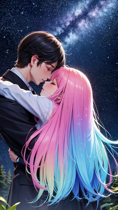 colorful forest, Sky with Stars,Glitter, a man and a Woman hugging