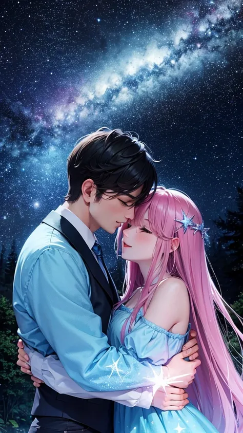 colorful forest, Sky with Stars,Glitter, a man and a Woman hugging