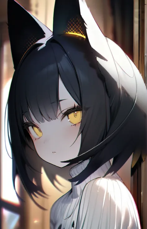 1 female、alone,medium hair、((black hair)),((yellow eyes))、cat ears,big angel Wing, Angel、white turtleneck sweater、From front、looking viewer、turn to the side、closed mouth,、beautiful skin、small face、Remains、highest quality、masterpiece、very detailed、malicious...