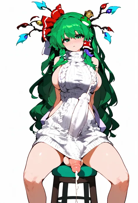 Expressive, score_9, score_8_up, score_9_up, Touhou, masterpiece, high quality, highly detailed, 1girl, kochiya sanae, solo, green hair, long hair, green eyes, long hair, big breasts, blush, round breasts,,,,,, frog hair ornament, hair tubes, snake hair or...