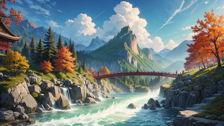 The painting depicts a traditional East Asian landscape with soaring rocky mountains studded with trees, The waterfall falls into the river flowing over the curved bridge, and many fall-colored trees at the foot of the mountain. In the sky there were two w...