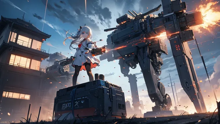 A robotic girl is firing a giant railgun in the air.