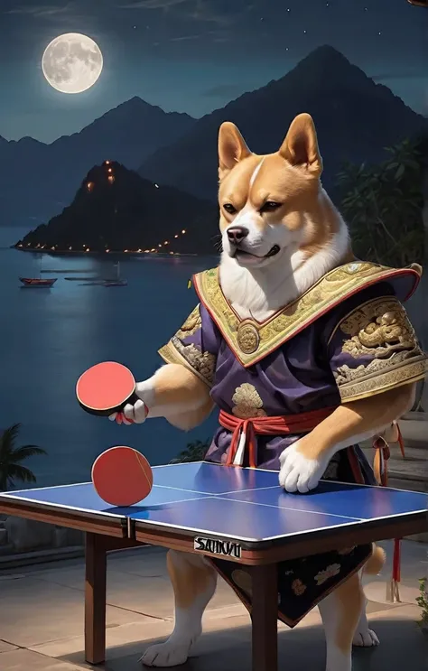 Samurii Dog King holding a table tennis racket, Dark moonlit night mountains and sea background, Sharp and gloomy classic feel