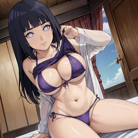 ((masterpiece)), ((best quality)), ((perfect eyes)), ((perfect skin)), ((super sexual)), ((background with bewitching bedroom)), female, like goddess, hime hair cut , Hinata hyuga , bewitching beauty, curvy, POV from below, shot from below, big breasts, lo...