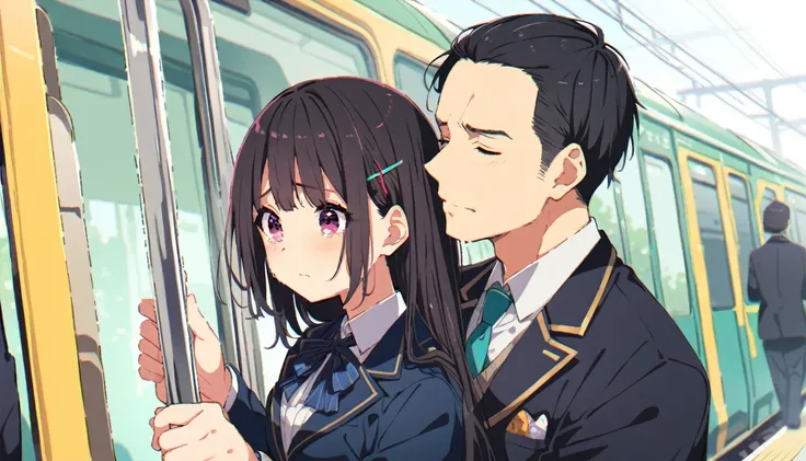 A middle-aged man is touching the buttocks of a crying girl in a blazer uniform with black bob hair from behind while she is holding on to the handrail of a train