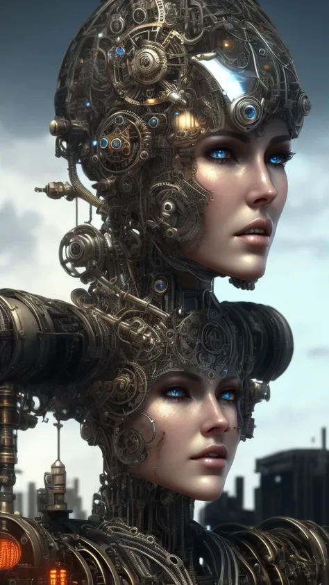 a highly detailed full body cyborg, symmetrical face, intricate mechanical details, steampunk and cyberpunk elements, hyperrealistic, cinematic lighting, digital art, concept art, mdjrny-v4 style