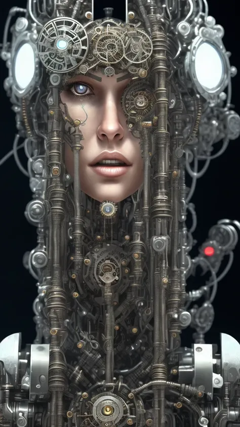 a highly detailed full body cyborg, symmetrical face, intricate mechanical details, steampunk and cyberpunk elements, hyperrealistic, cinematic lighting, digital art, concept art, mdjrny-v4 style