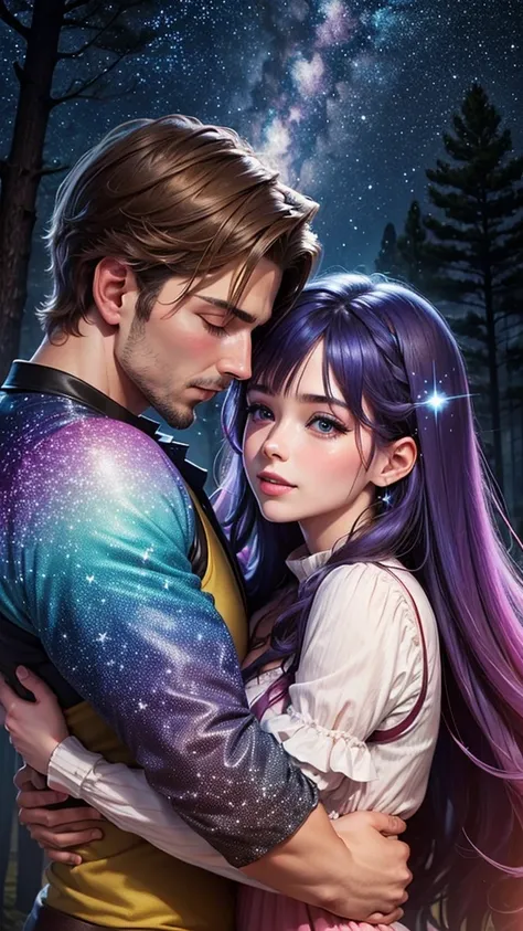 colorful forest, Sky with Stars,Glitter, a man and a Woman hugging