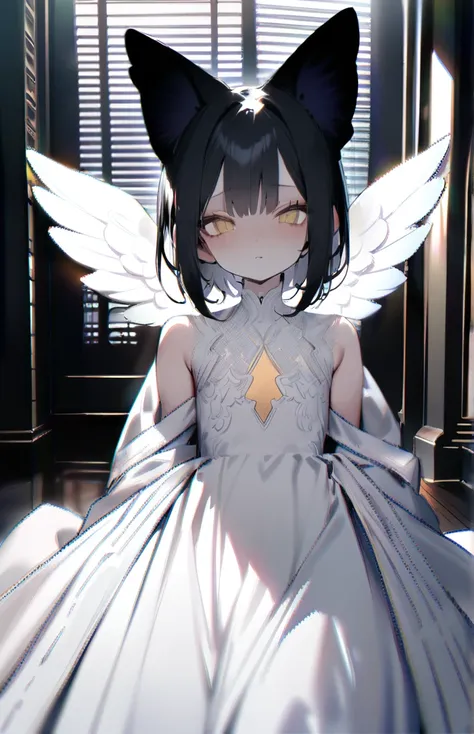 1 female、alone,medium hair、((black hair)),((yellow eyes))、cat ears,((big angel wing)), angel、white dress、from front、looking view...