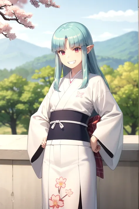 Highest quality, masterpiece, detailed,
Grisha,
One girl, Open your mouth, (Grin:1.2),
Aqua Hair, Red eyes, Long Hair, Hair Beads, Blunt bangs, Parted bangs, Pointed Ears,
GrishaKimono, kimono, White kimono, (Aqua Belt:1.2), Floral print,
Are standing, Put...