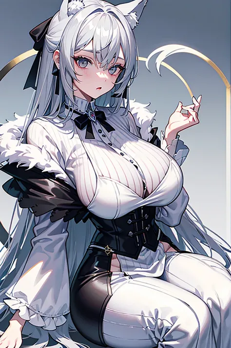 best qualtiy，tmasterpiece，The is very detailed，4K，Gray hair and shallow eyes，Drag cool expressions，Wolf ears，Erect scar on the left eye，British style，1girl，Absolutely beautiful, huge breasts, white costume, ear ribbon