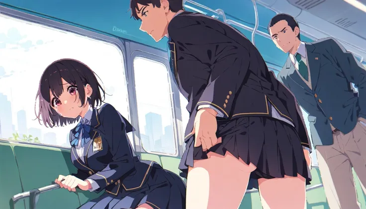 A middle-aged man is touching the buttocks of a crying girl in a blazer uniform with black bob hair from behind while she is holding on to the handrail of a train