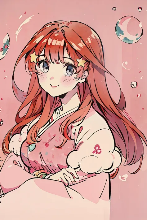 ((best quality)), ((masterpiece)), (detailed), perfect face, 1girl, nakano itsuki, smiling, whimsical, triad color pallette, looking at viewer, pink water droplets, smiling, flat colouring, full body, blank space on the left, fluffy red hair, star hairclip...