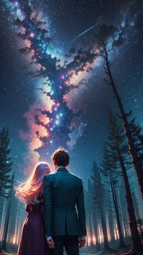 colorful forest, Sky with Stars,Glitter, a man and a Woman standing