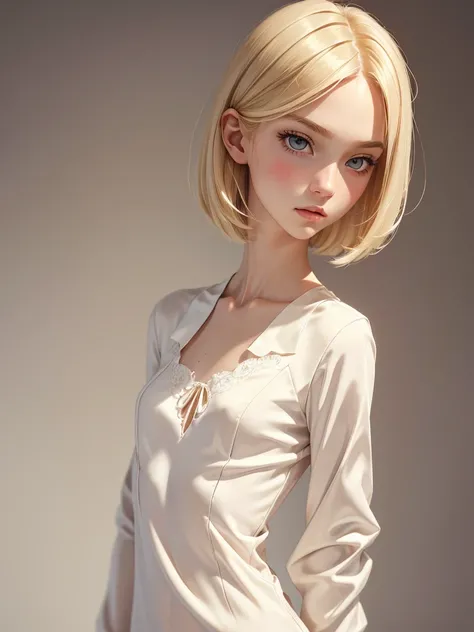 (best quality), 1girl, female, porcelain skin, blonde hair, straight hair, short hair, swoopy tips, Flipped-up ends, brown eyes, perfect eyes, slender, cute clothes, small bust, shy, masterpiece, anatomically correct, highres
