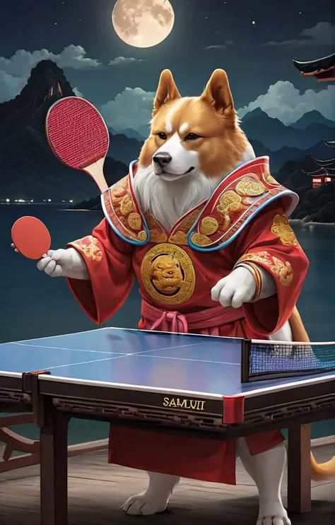 Samurii Dog King holding a table tennis racket, Chinese zodiac illustration, Dark moonlit night mountains and sea background, Sharp and gloomy classic feel