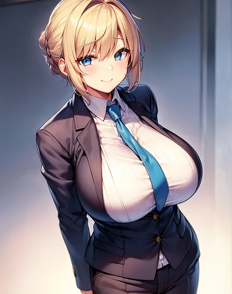 ((Huge breasts))、Blonde、Very short hair、blue eyes、Narrow waist、student、Navy blue blazer、slacks、necktie、Tall、Red cheeks、Perm、Put your arms behind your back、A confident smile