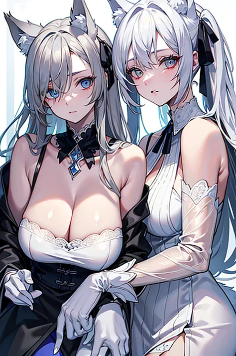 best qualtiy，tmasterpiece，The is very detailed，4K，Gray hair and shallow eyes，Drag cool expressions，Wolf ears，Erect scar on the left eye，British style，1girl，Absolutely beautiful, huge breasts, white costume, ear ribbon