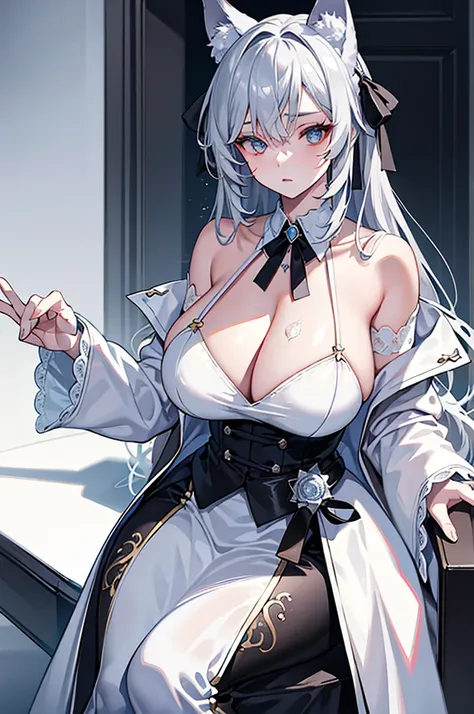 best qualtiy，tmasterpiece，The is very detailed，4K，Gray hair and shallow eyes，Drag cool expressions，Wolf ears，Erect scar on the left eye，British style，1girl，Absolutely beautiful, huge breasts, white costume, ear ribbon