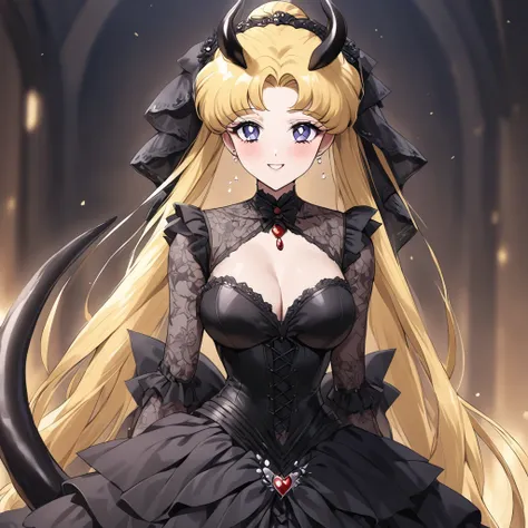 ((Highest quality)), ((masterpiece)), (detailed), （Perfect Face）、The woman is Demon Princess Serenityで女は漆黒の肌のセクシーな女悪魔のデーモンプリンセスセレニティ、The woman is a jet-black female demon with magnificent devil horns, jet-black devil wings, and a jet-black tail. Her skin i...