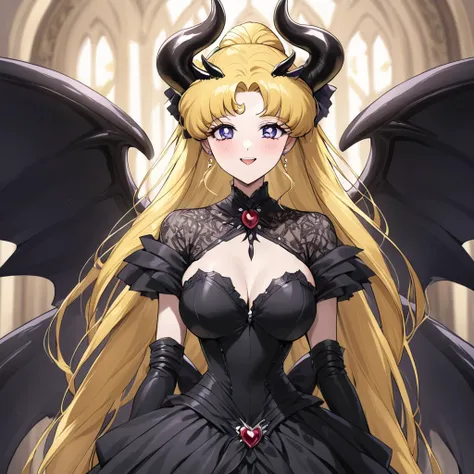 ((Highest quality)), ((masterpiece)), (detailed), （Perfect Face）、The woman is Demon Princess Serenityで女は漆黒の肌のセクシーな女悪魔のデーモンプリンセスセレニティ、The woman is a jet-black female demon with magnificent devil horns, jet-black devil wings, and a jet-black tail. Her skin i...