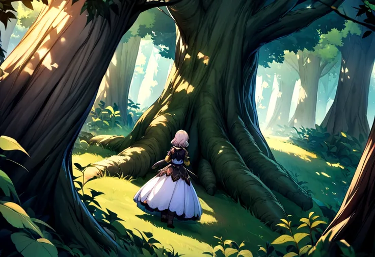 Game CG，close up，Top view，sunshine，A boy and a little girl standing back to back under a tree