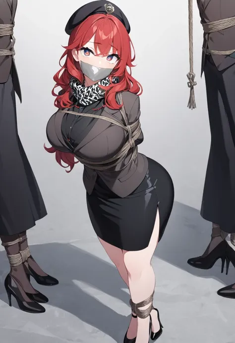 en, (bound with an excessive amount of ropes), (bound wirsts), (arms behind back), (tapegag, tape gag), dramatic,  (looking at viewer), (detailed pupils:1.3),pencil skirt,big breast ,perfect famale body,The character has red hair styled in soft waves and i...