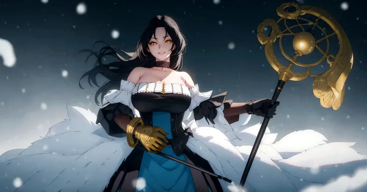 black hair, long hair, parted bangs, golden eyes, curvy, anatomically correct, heavy breathing, huge breasts, dress, 1girl, staff, solo, snowing, bare_shoulders, breasts, gloves, jewelry, holding_staff, snow, blue_dress, detached_sleeves, snowflakes, holdi...