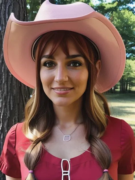 best quality, masterpiece, highres, detailed, MimiDigi,  outdoors, split bangs, red dress, cowboy western, excited, split bangs, long hair, brown hair, pink hat, curly hair, cosplay convention, cosplay, 30 year old american woman,