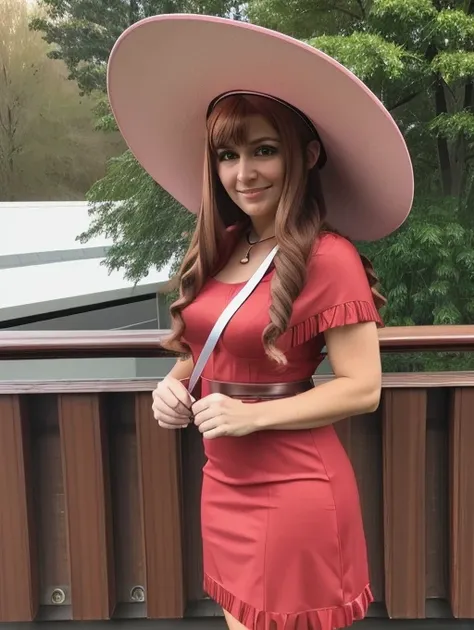 best quality, masterpiece, highres, detailed, MimiDigi,  outdoors, split bangs, red dress, cowboy western, excited, split bangs, long hair, brown hair, pink hat, curly hair, cosplay convention, cosplay, 30 year old american woman,