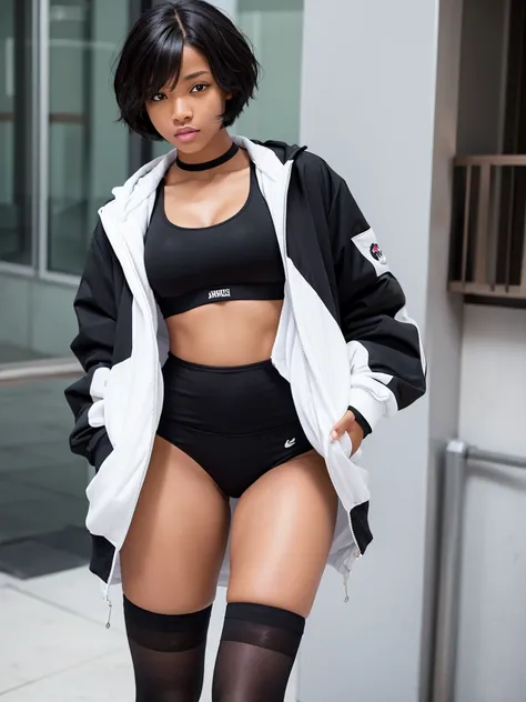 Black woman, Short hair, Teen, big breasts, muscular body, black sports bra, black Thong, black knee socks, Wearing a white jacket 