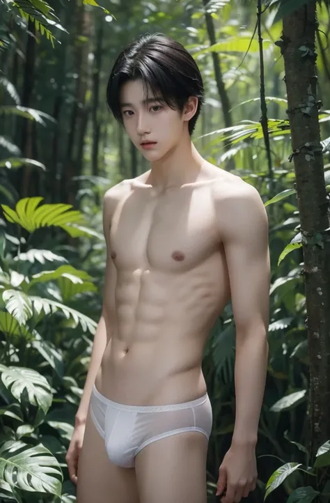 15-year-old boy, Upper body naked, White briefs ,Smooth Skin,in the forest,  Black Hair,  Eye-level shot, Thin、Beautiful Boy