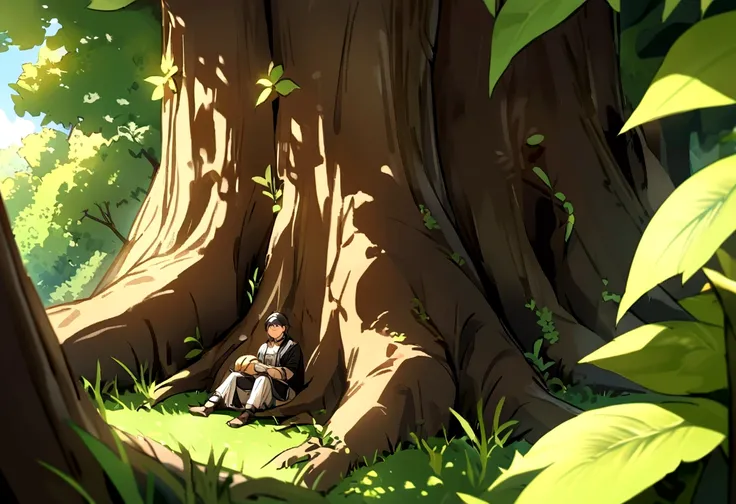 close up，Top view，sunshine，Two people sitting under a tree